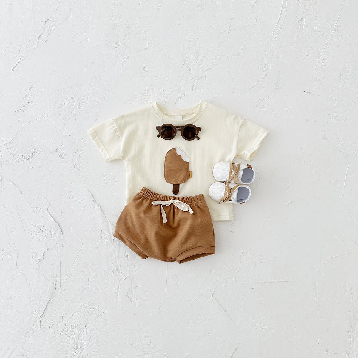 Girls' Casual Round Neck Cotton Ice Cream Patch Short Sleeve Shorts Suit